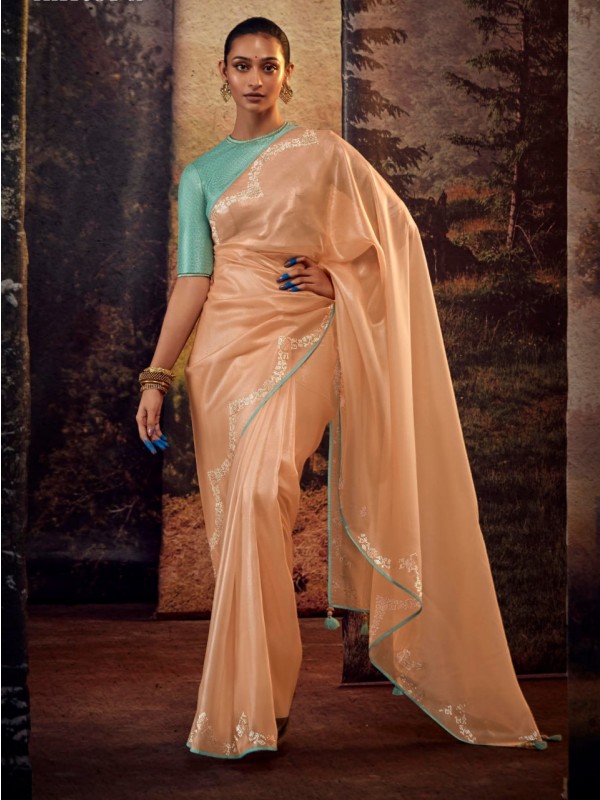  Silk Saree In Peach Color With Embroidery  Work