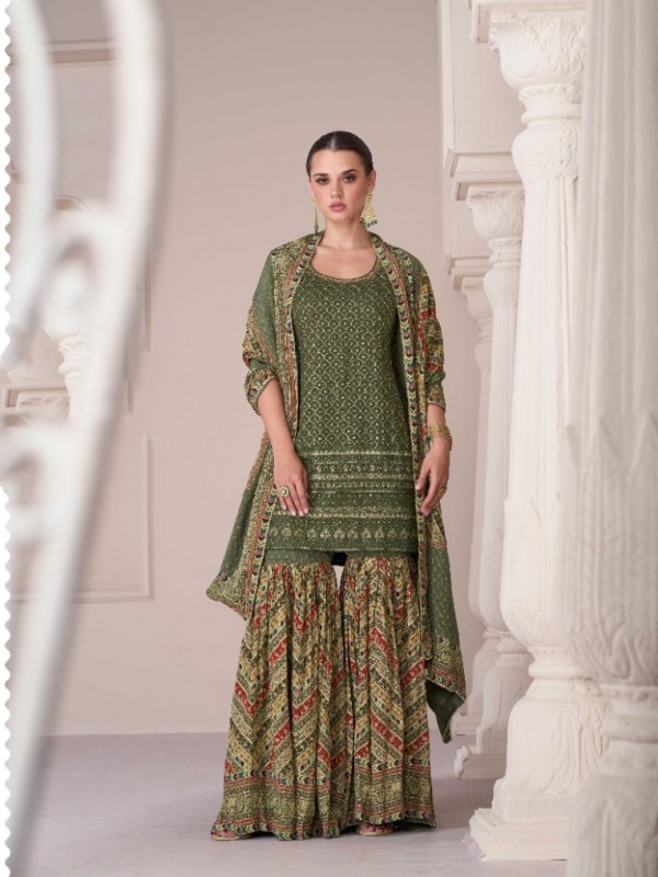 Premium Silk  Party Wear Sharara In Green With Embroidery Work 