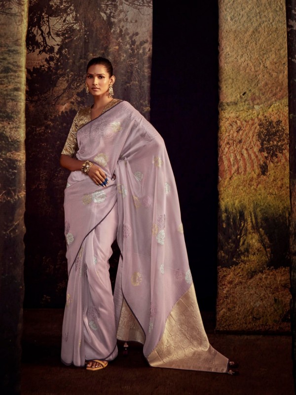  Silk Saree In Light Purple Color With Embroidery  Work