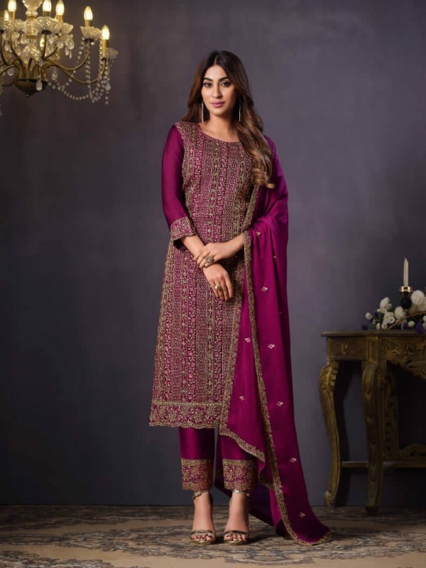 Georgette Silk Party Wear  Suit  in Magenta Color with  Embroidery Work