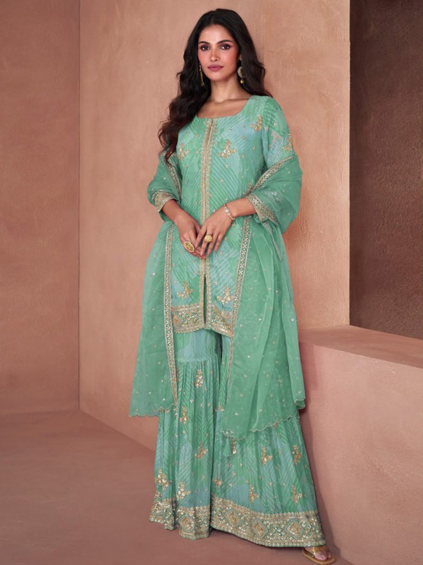 Faux georgette Party Wear Sharara In Sea Green With Embroidery Work 