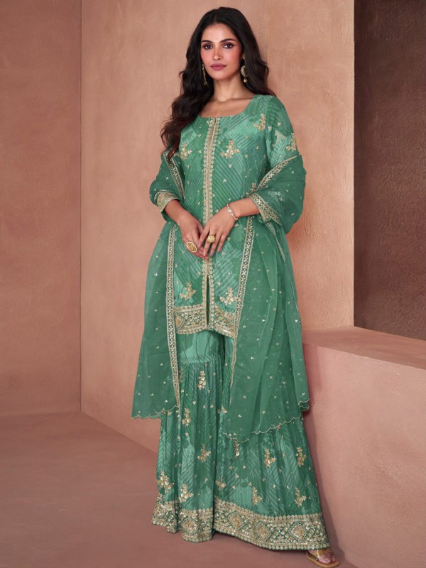 Faux georgette Party Wear Sharara In Green With Embroidery Work 