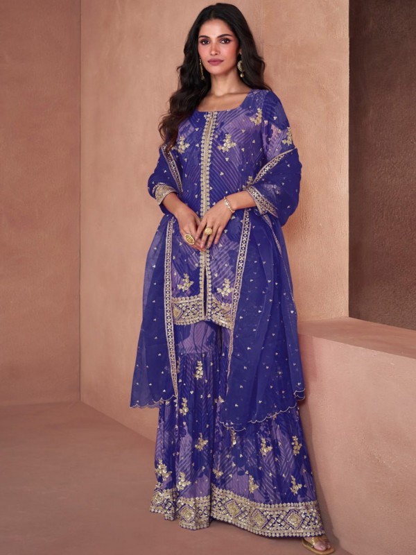 Faux georgette Party Wear Sharara In Blue With Embroidery Work 