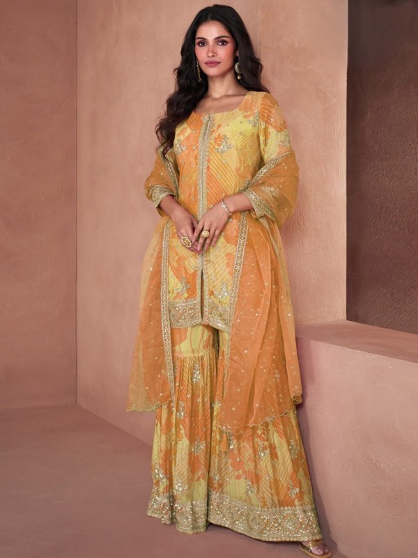 Faux georgette Party Wear Sharara In Yellow With Embroidery Work 