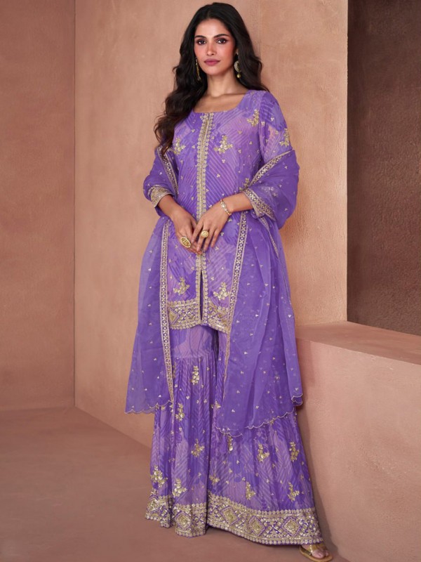 Faux georgette Party Wear Sharara In Purple With Embroidery Work 