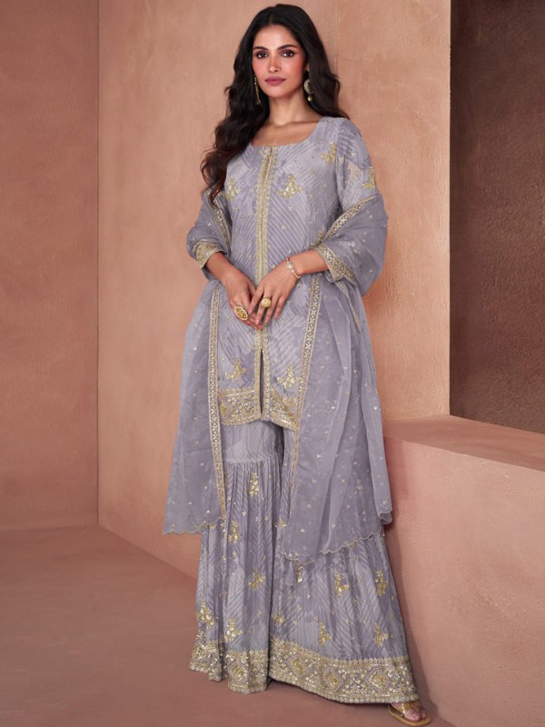 Faux georgette Party Wear Sharara In Grey With Embroidery Work 