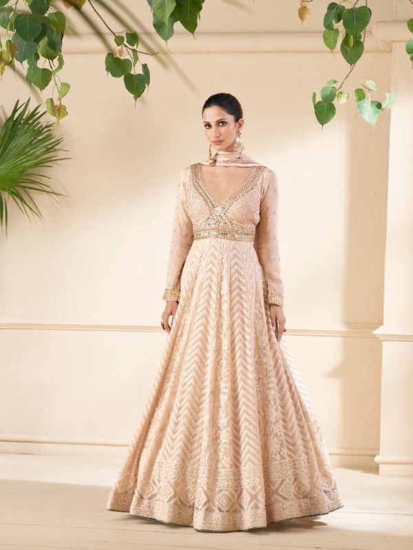 Real Geogratte Party Wear Gown In Light Peach Color With Embroidery Work 