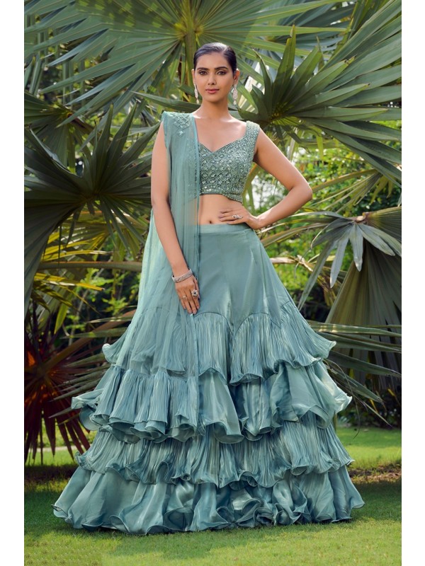 Silk Party Wear Crop Top  In Sea Blue color With Embroidery Work 