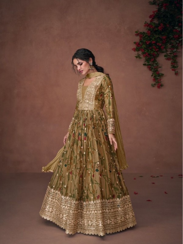 Organza Silk Party Wear Gown In Brown Color With Embroidery Work 