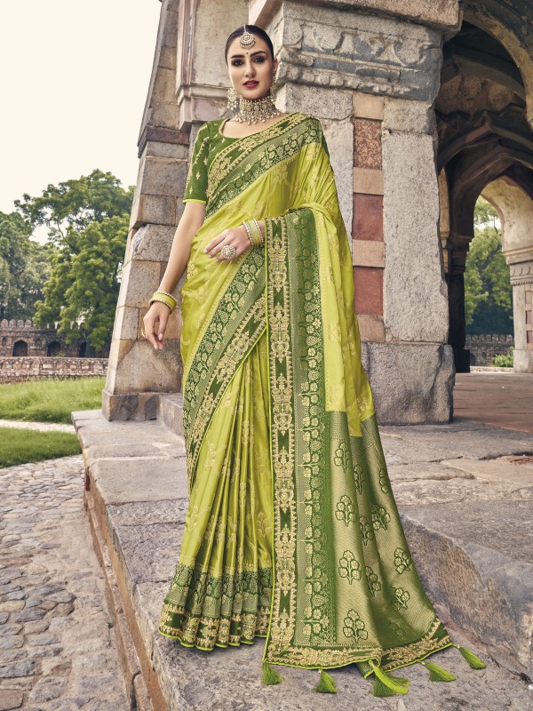 Pure Dola silk  Saree Green  Color With Embroidery Work