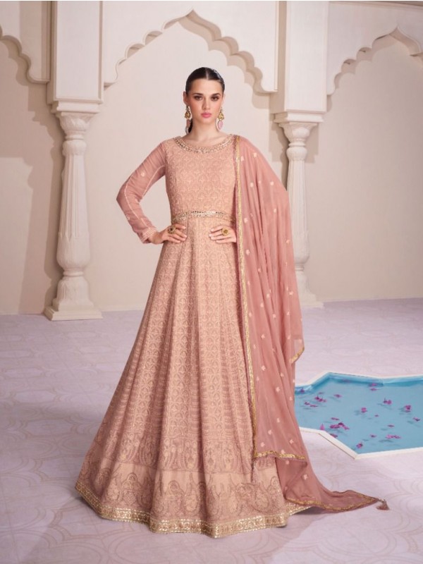 Real Geogratte Party Wear Gown In  Peach Color With Embroidery Work 