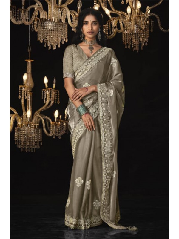 Tissue Silk  Party wear Saree Beige  Color With Embroidery Work