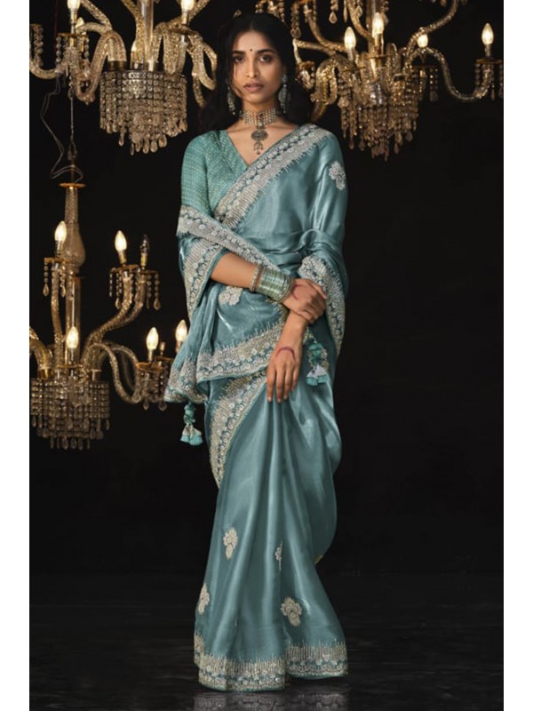 Tissue Silk  Party wear Saree Sea Blue Color With Embroidery Work