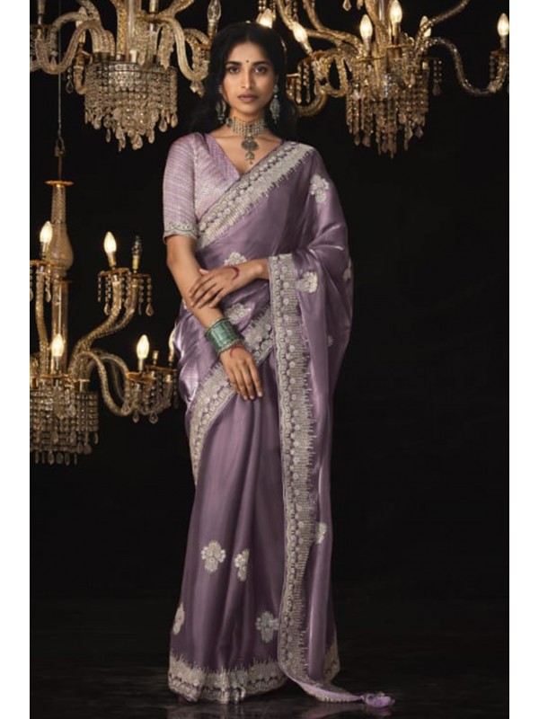 Tissue Silk  Party wear Saree Purple Color With Embroidery Work