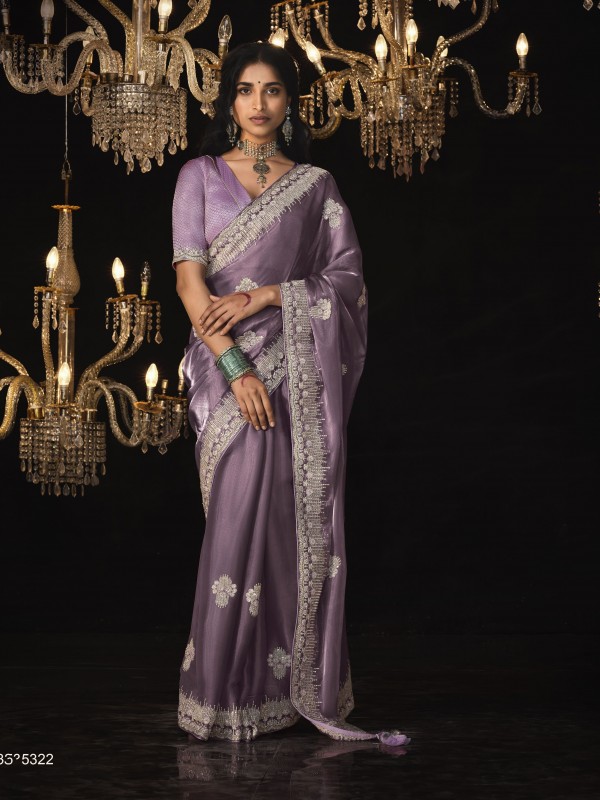 Fancy Silk  Party wear Saree  Lavender Color With Embroidery Work