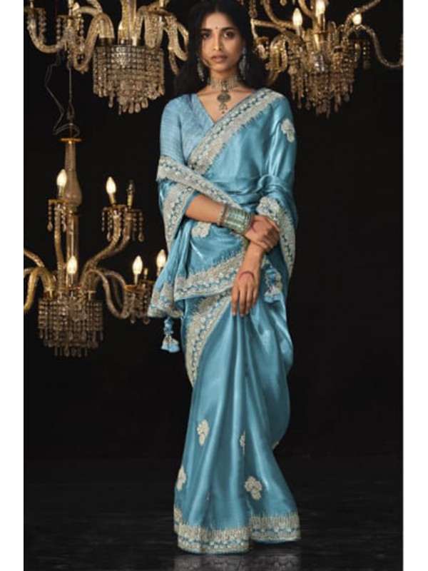 Tissue Silk  Party wear Saree Blue  Color With Embroidery Work