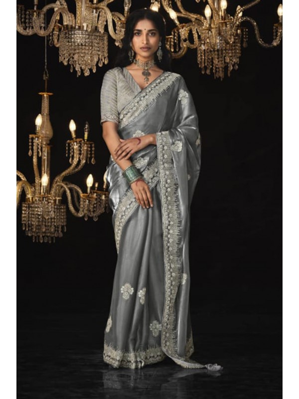 Tissue Silk  Party wear Saree Grey Color With Embroidery Work