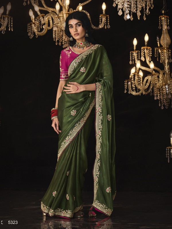 Fancy Silk  Party wear Saree Green Color With Embroidery Work