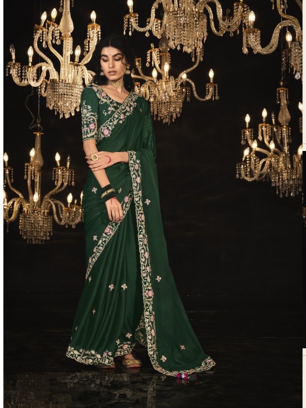 Fancy Silk  Party wear Saree Teal Green  Color With Embroidery Work