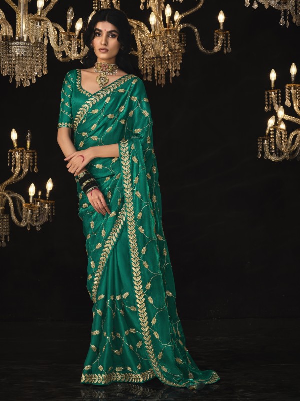 Fancy Silk  Party wear Saree Turquoise Color With Embroidery Work