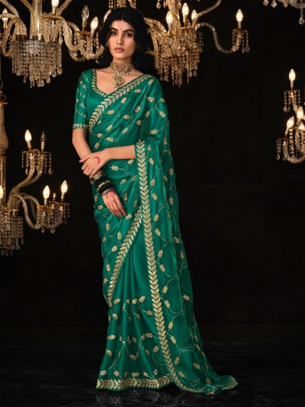 Tissue Silk  Party wear Saree Turquoise Color With Embroidery Work