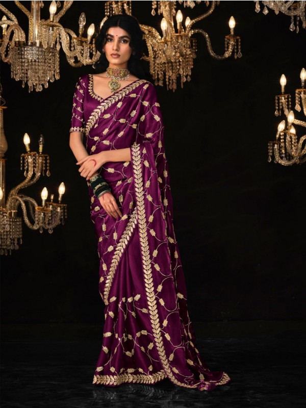 Tissue Silk  Party wear Saree Purple Color With Embroidery Work