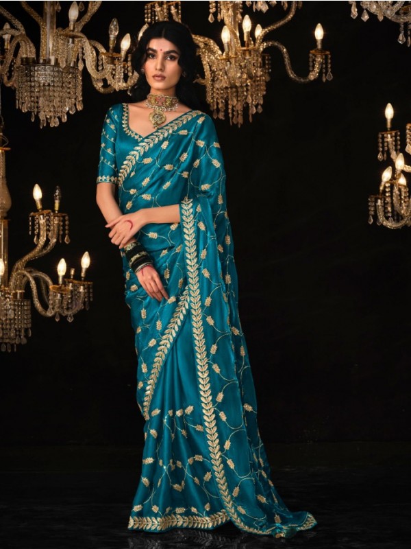 Tissue Silk  Party wear Saree Blue Color With Embroidery Work