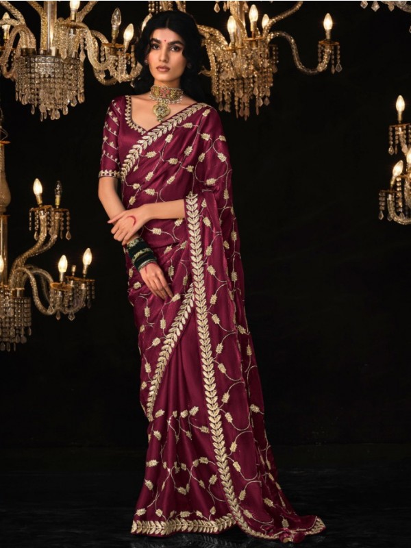 Tissue Silk  Party wear Saree Wine Color With Embroidery Work