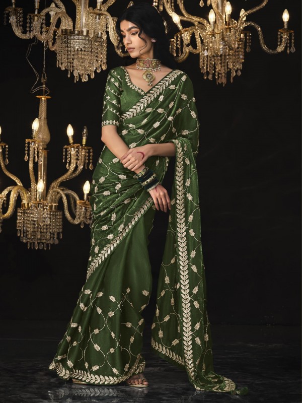 Tissue Silk  Party wear Saree Green  Color With Embroidery Work