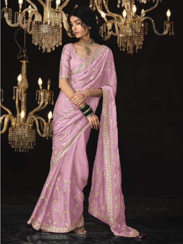 Tissue Silk  Party wear Saree Pink  Color With Embroidery Work