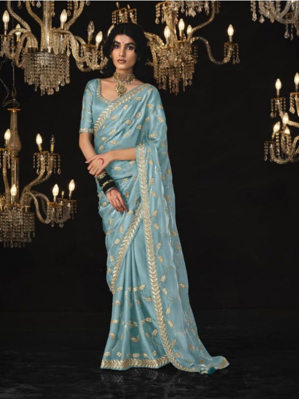 Tissue Silk  Party wear Saree Blue  Color With Embroidery Work