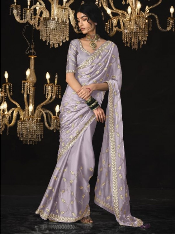 Tissue Silk  Party wear Saree Lavender Color With Embroidery Work
