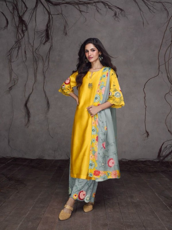 Pure Silk Party Wear Suit Yellow Color with  Embroidery Work