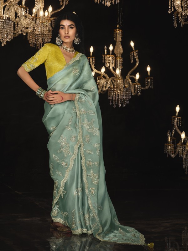 Fancy Silk  Party wear Saree  Sea Green  Color With Embroidery Work