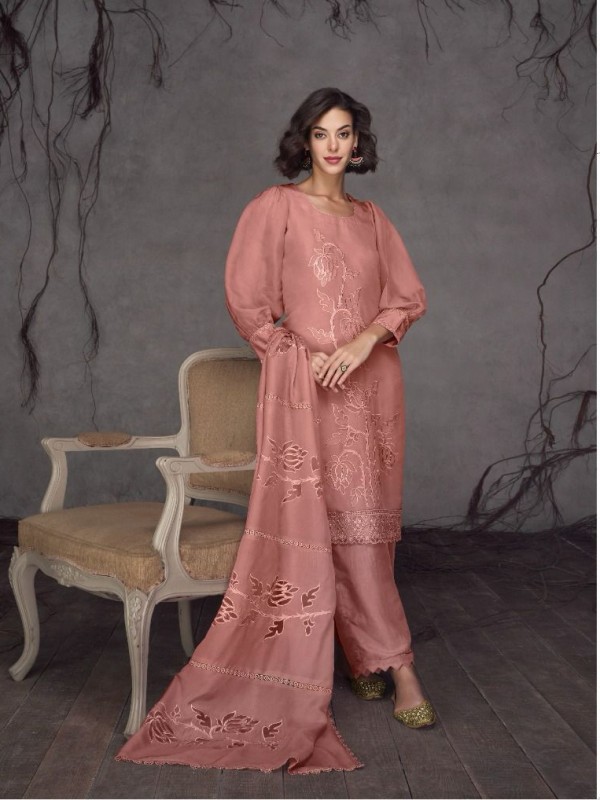 Pure Silk Party Wear Suit Peach Color with  Embroidery Work