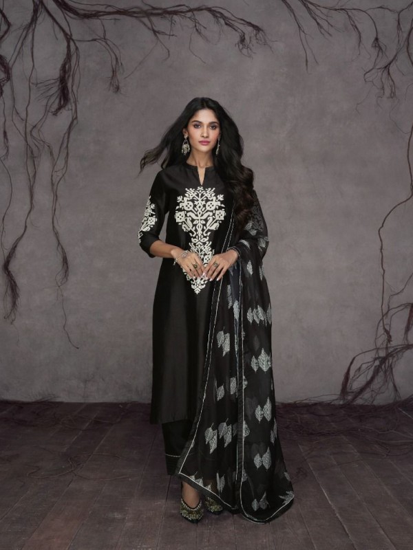 Pure Silk Party Wear Suit Black Color with  Embroidery Work