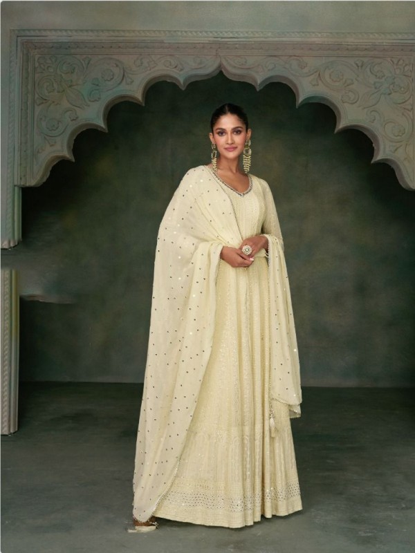 Real Georgette Party Wear Gown In Off White Color With Embroidery Work 