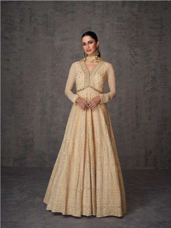 Premium  Silk  Party Wear Gown In Beige With Embroidery Work 