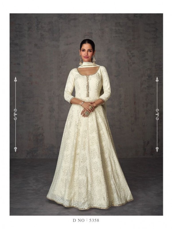 Premium  Silk  Party Wear Gown In White With Embroidery Work 