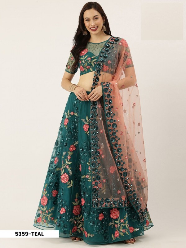 Soft Premium Net Party Wear Wear Lehenga In Teal Color With Embroidery Work 