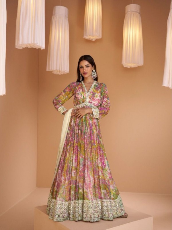 Real Geogratte Party Wear Gown In Multi Color With Embroidery Work 