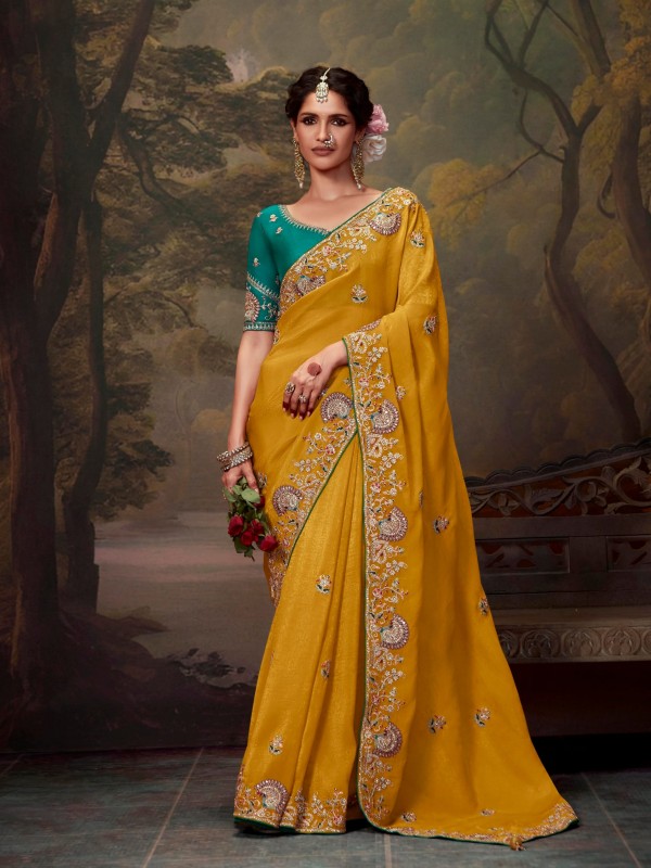 Tissue Organza Silk Party wear Saree Yellow Color With Embroidery Work