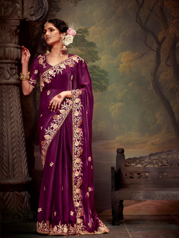 Tissue Organza Silk Party wear Saree Burgundy Color With Embroidery Work 