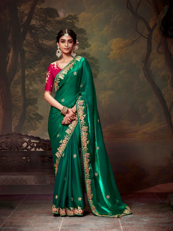 Tissue Organza Silk Party wear Saree Green Color With Embroidery Work 