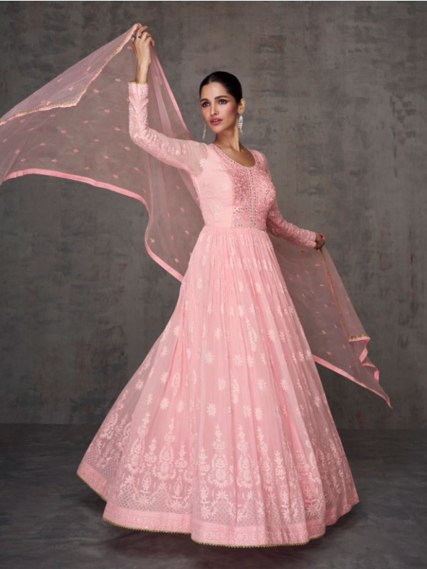 Real Georgette Party Wear Gown In Pink Color With Embroidery Work 