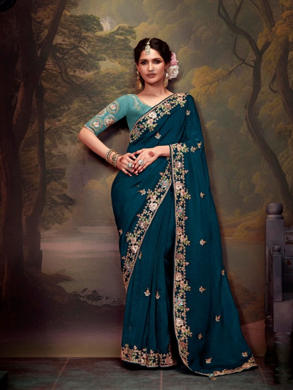Tissue Organza Silk Party wear Saree Pastel Blue Color With Embroidery Work 