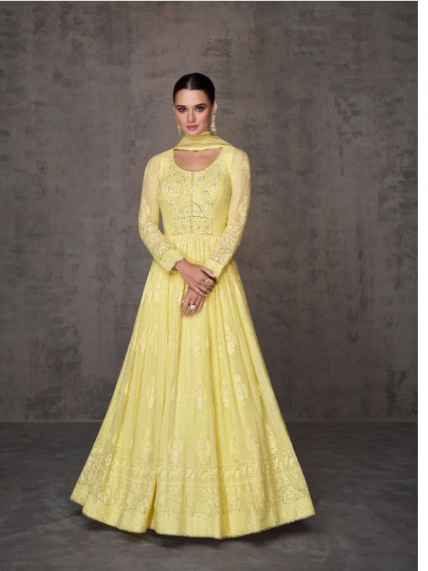 Real Georgette Party Wear Gown In Yellow Color With Embroidery Work 