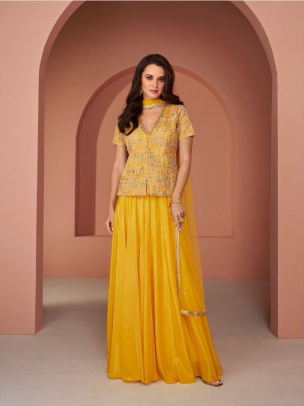 Pure Geogratte Party Wear Wear Lehenga In Yellow color With Embroidery Work 