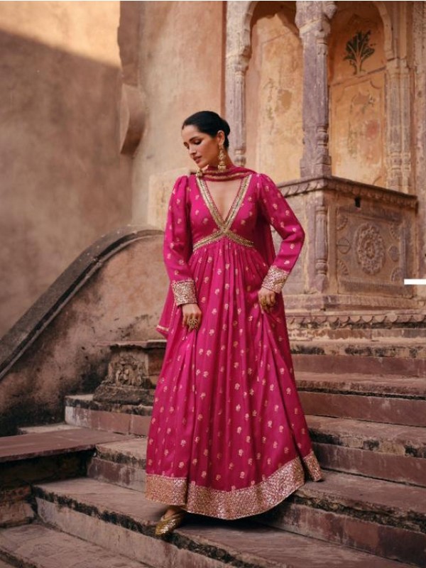 Pure Viscose Jacquard Silk  Party Wear Gown In Pink Color With Embroidery Work 