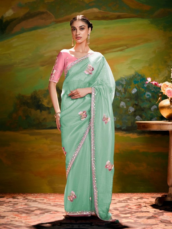Fancy Silk Party wear Saree In Light Turquoise Color With Embroidery Work